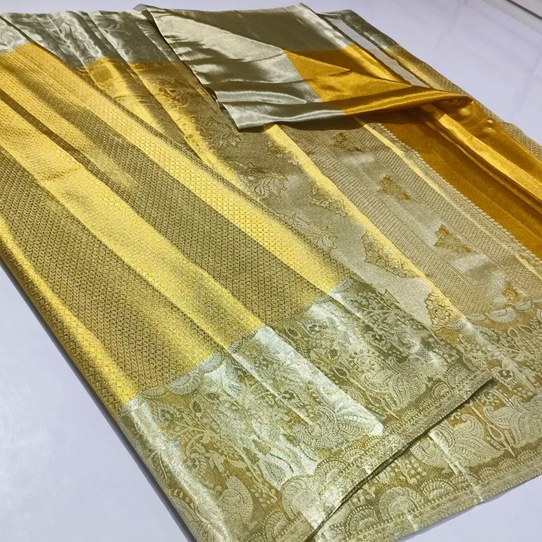 Kanchipuram Pure Tissue Silk Saree with Elegant Silver and Gold Brocade 5 Kanchipuram pure tissue silk saree silver and gold zari brocade Design 5