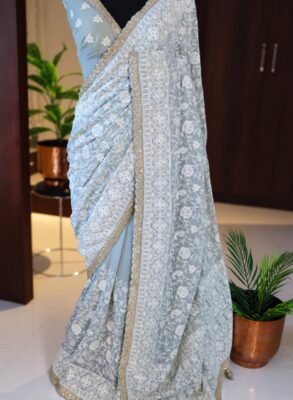 Light Blue Khaddi Georgette Silk Chikankari Saree 1 Light Blue Khaddi Georgette Silk Chikankari Saree – full saree view