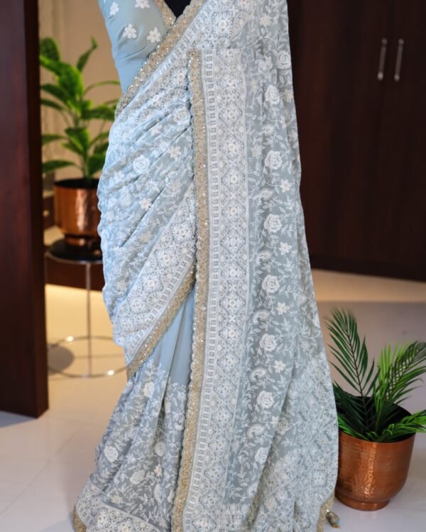 Light Blue Khaddi Georgette Silk Chikankari Saree – full saree view