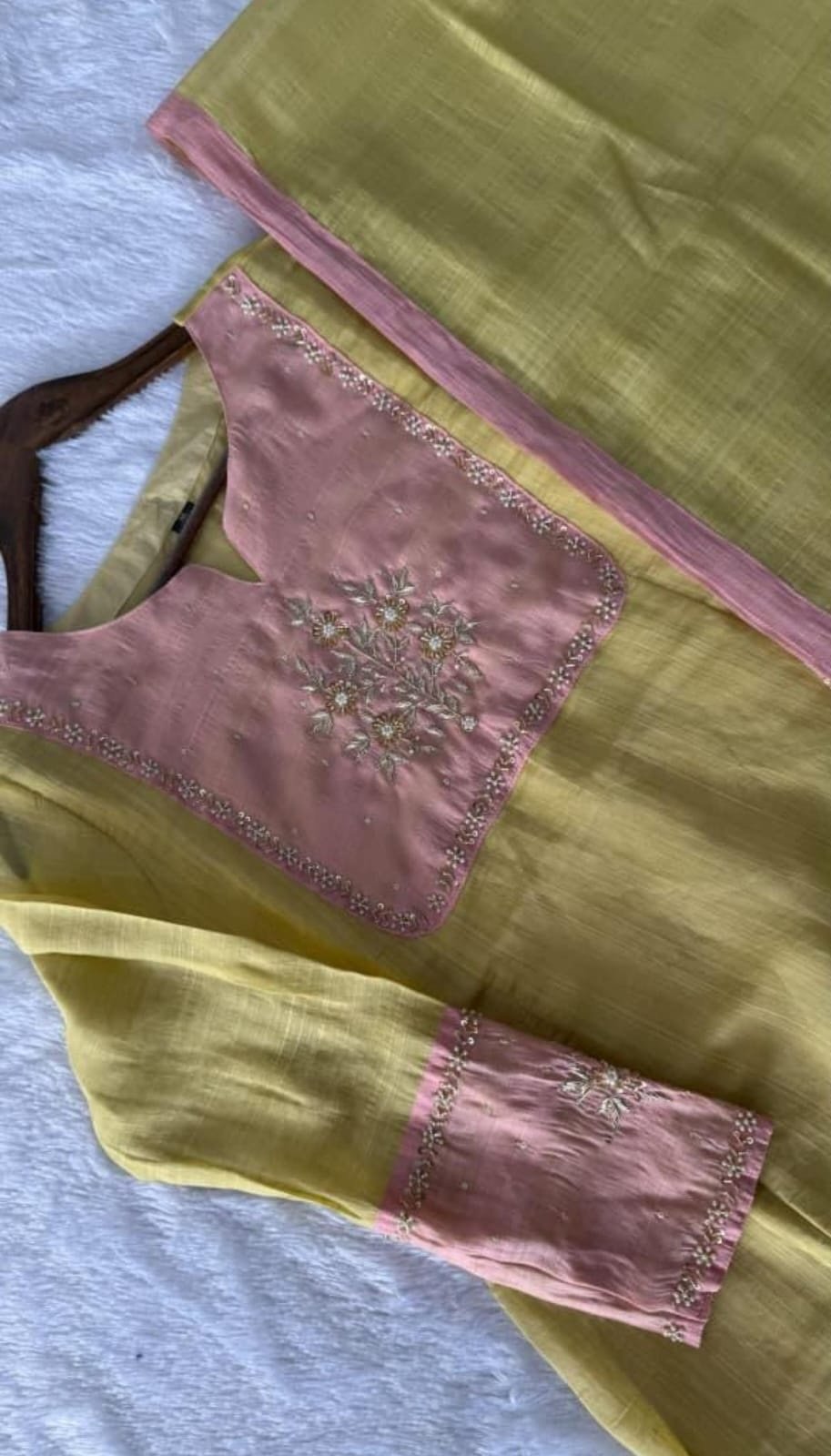 Mul Chanderi Kurti Set with Beautiful Embroidered Handwork 3 Mul Chanderi kurti set embroidered yoke and sleeve detail