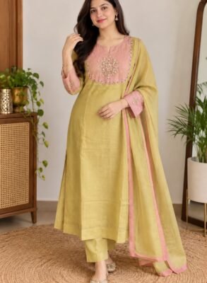 Mul Chanderi kurti set olive and pink full outfit with dupatta