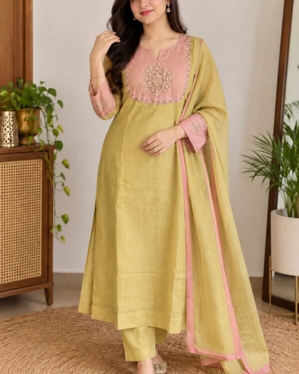 Mul Chanderi kurti set olive and pink full outfit with dupatta