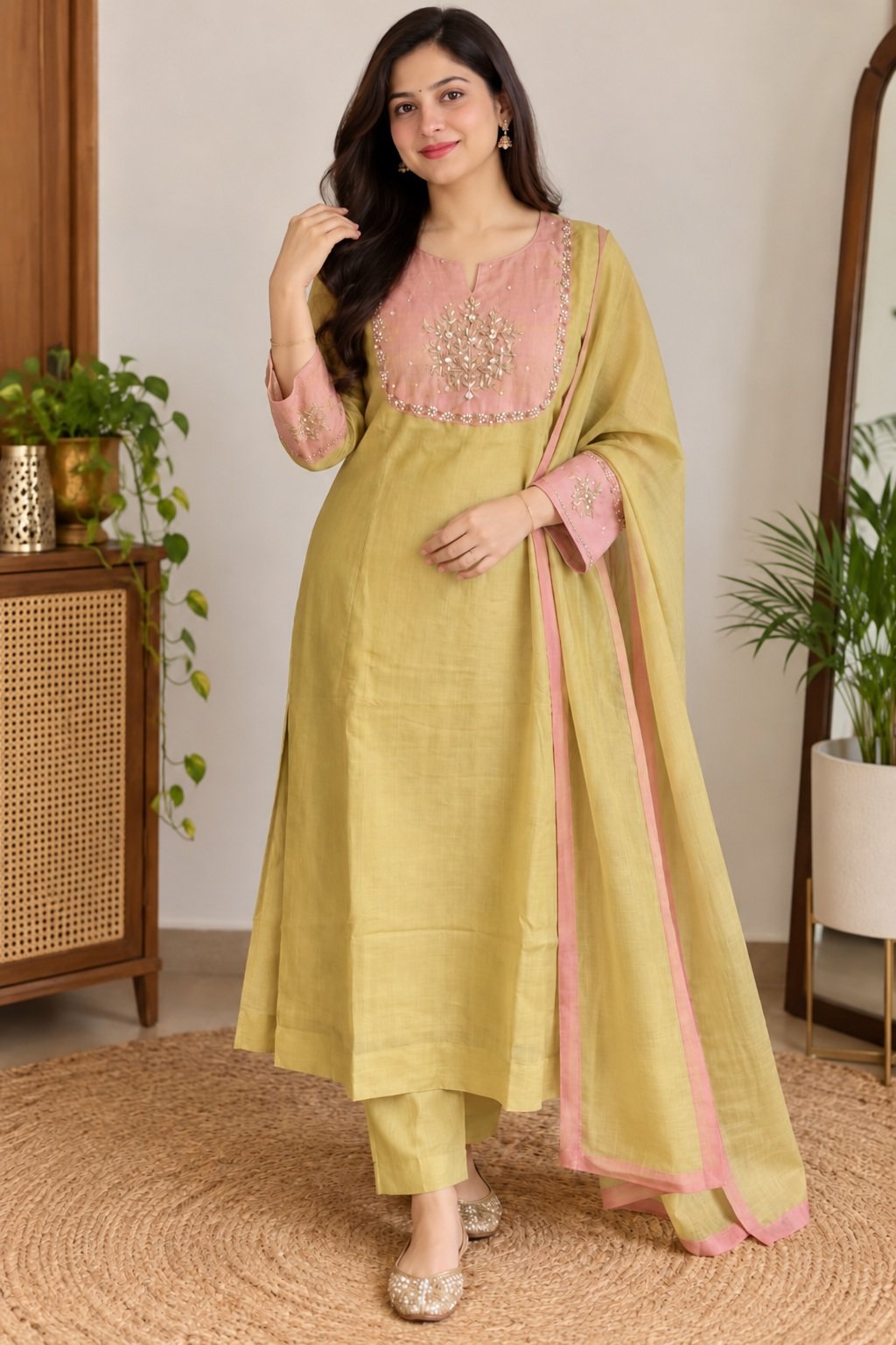 Mul Chanderi Kurti Set with Beautiful Embroidered Handwork 1 Mul Chanderi kurti set olive and pink full outfit with dupatta