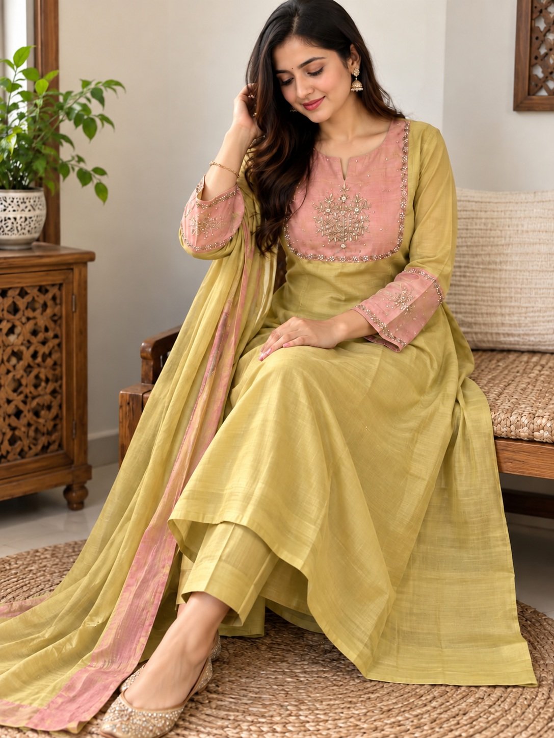 Mul Chanderi Kurti Set with Beautiful Embroidered Handwork 2 Mul Chanderi kurti set seated model view