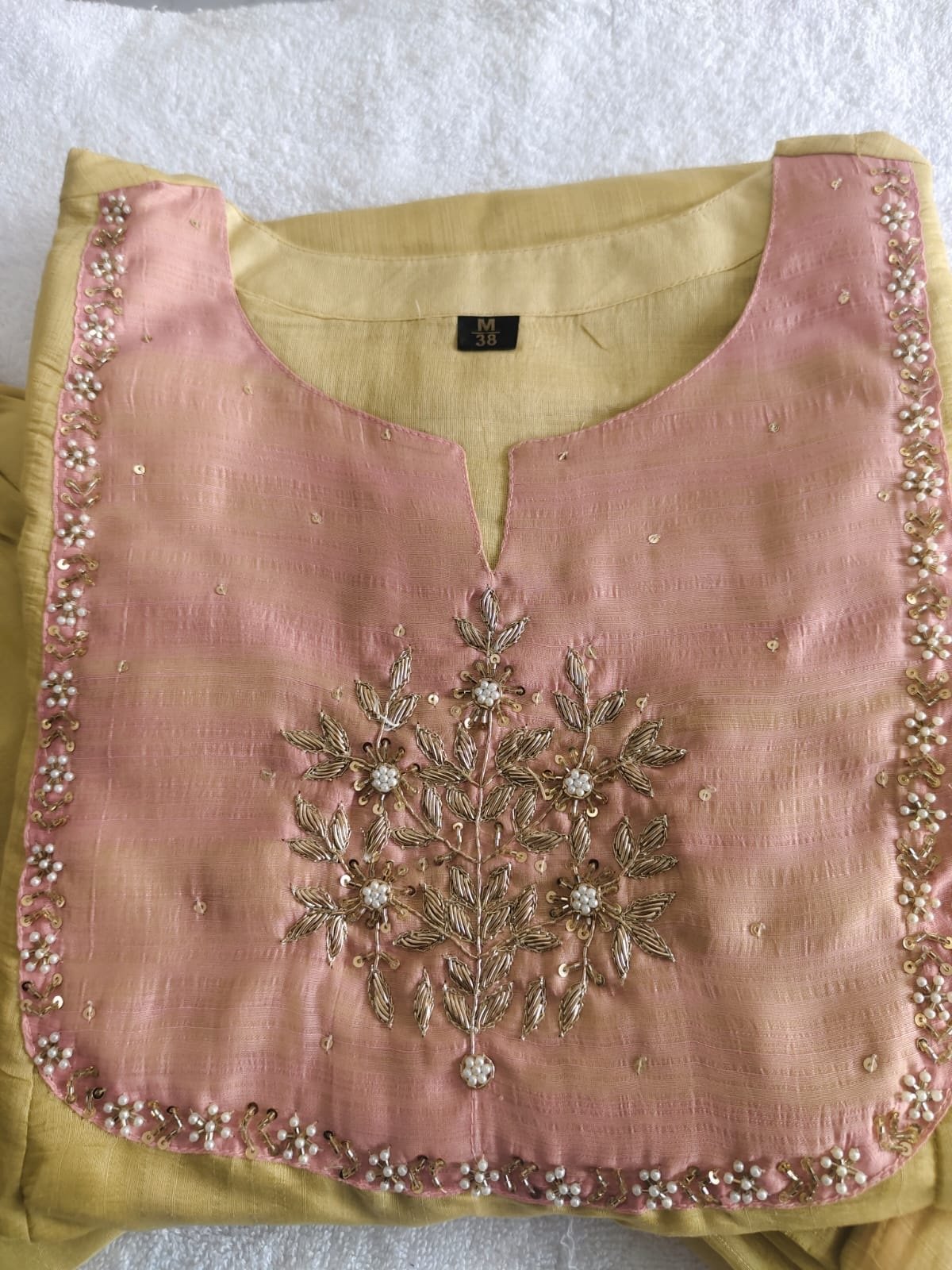 Mul Chanderi Kurti Set with Beautiful Embroidered Handwork 4 Mul Chanderi kurti set pink floral handwork close-up