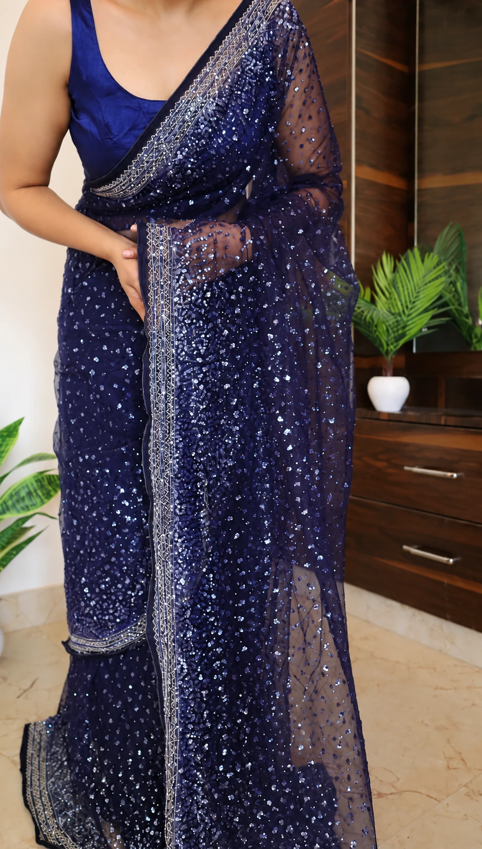 Pure Imported Net Saree with Sequins & Cutdana Handwork 4 Navy Blue pure imported net saree with sequins and cutdana hand embroidery – front view
