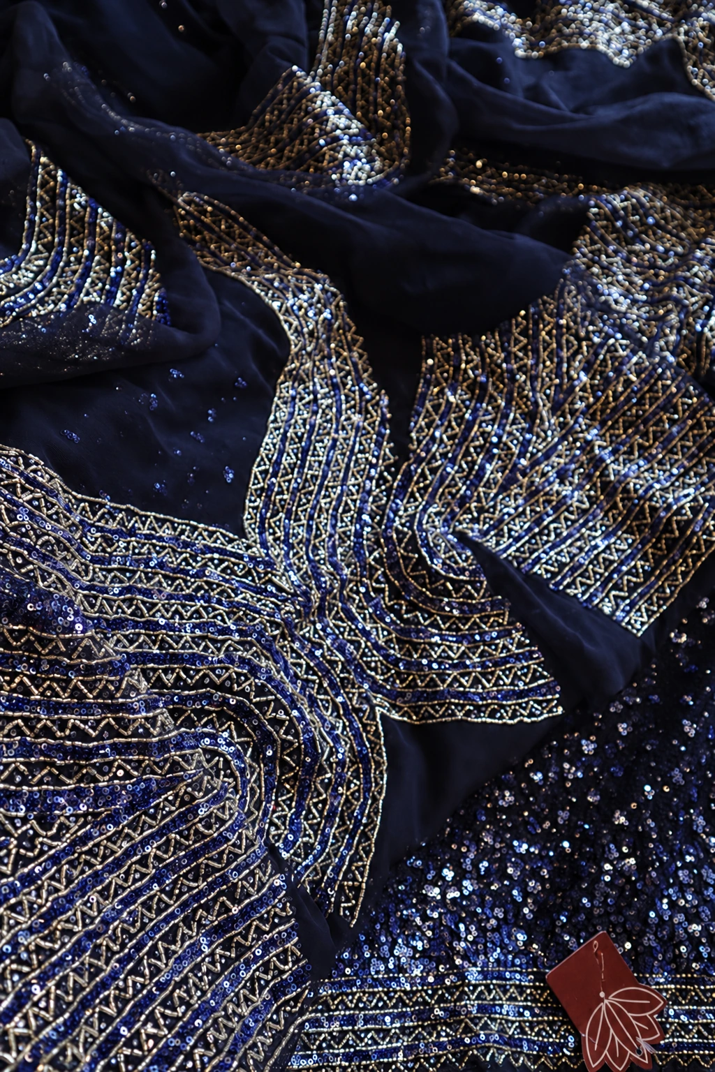 Pure Imported Net Saree with Sequins & Cutdana Handwork 6 Navy Blue pure imported net saree with sequins and cutdana hand embroidery – handwork detail