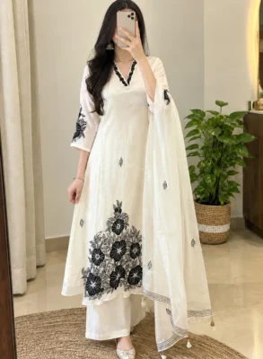 Off White Mul Chanderi Floral Embroidered Suit Set 2 Off white Mul Chanderi suit with black floral embroidered V-neck, hem and sheer dupatta