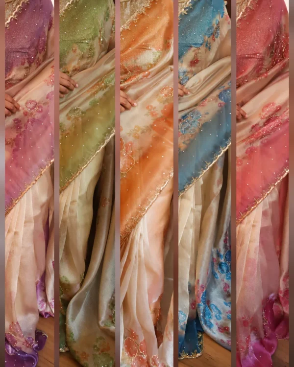 Five colour options of digital floral organza silk saree with cutdana and sequin handwork