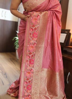 Dusty Pink Pure Munga Silk Saree with Patola petit point embroidery — drape and border view
