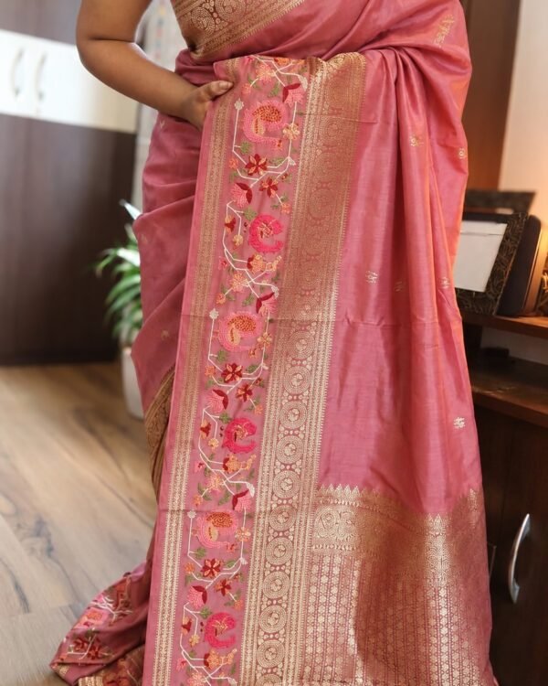 Dusty Pink Pure Munga Silk Saree with Patola petit point embroidery — drape and border view