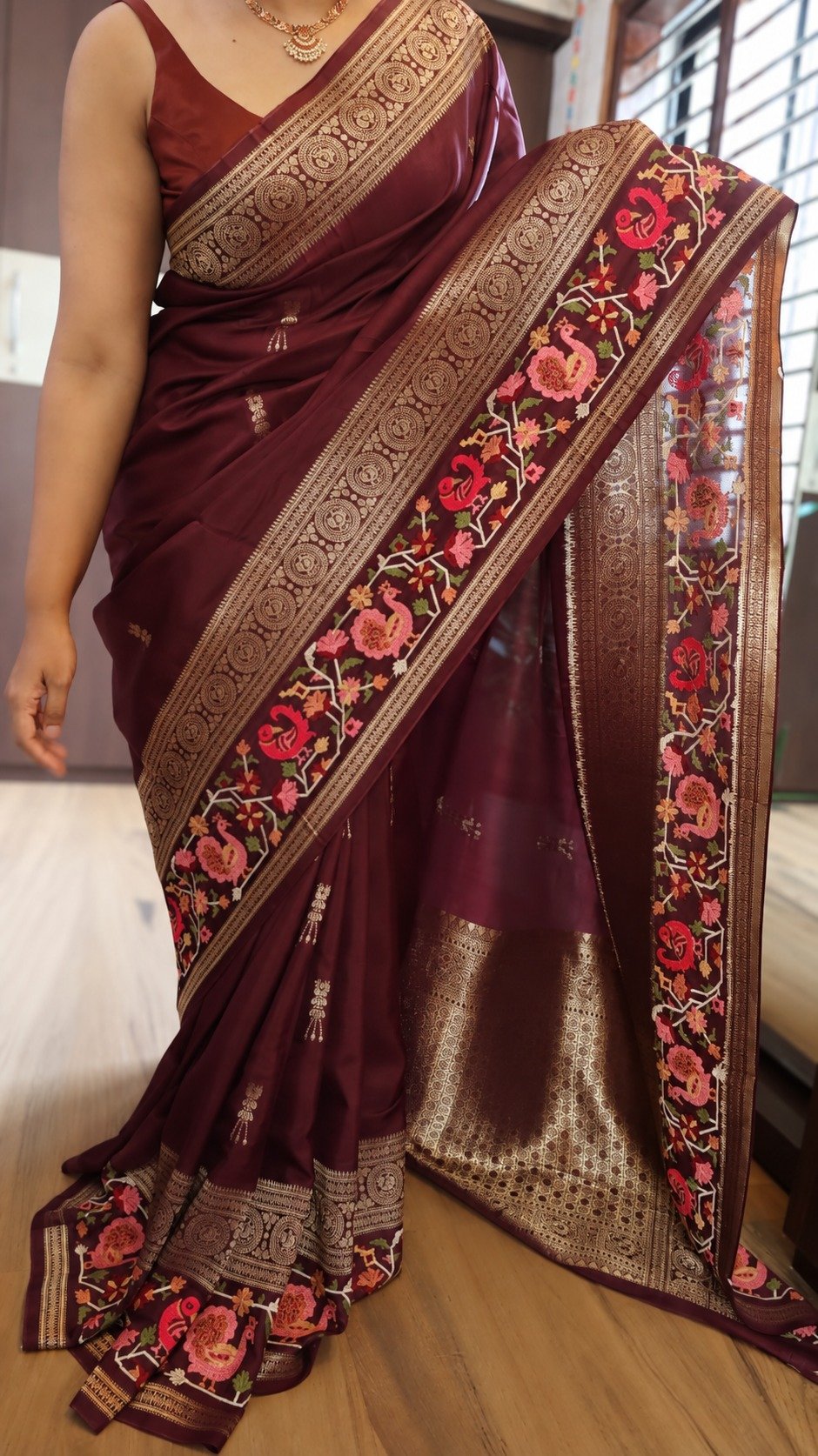 Pure Munga Silk Saree with Beautiful Patola Petit Point Embroidery 11 Maroon Pure Munga Silk Saree with Patola petit point embroidery — drape and border view