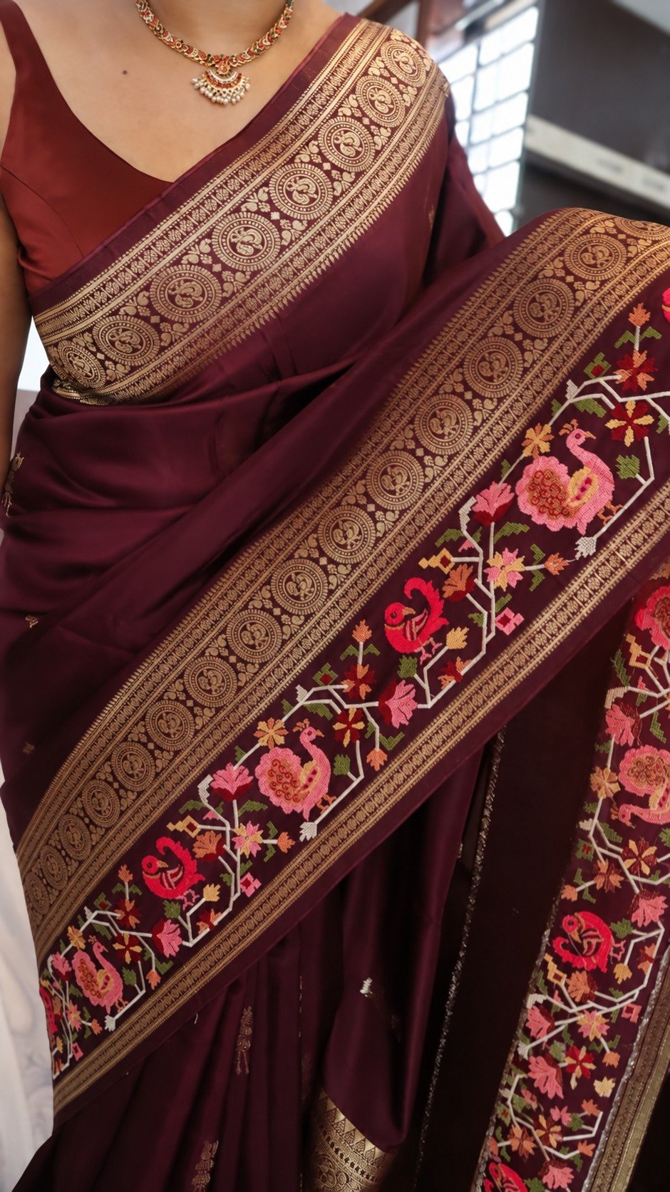 Pure Munga Silk Saree with Beautiful Patola Petit Point Embroidery 12 Maroon Pure Munga Silk Saree with Patola petit point embroidery — embroidery detail
