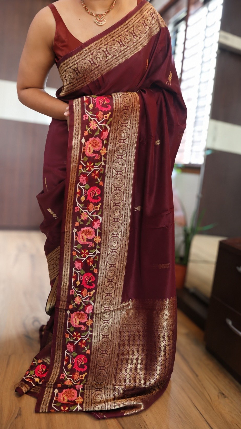 Pure Munga Silk Saree with Beautiful Patola Petit Point Embroidery 13 Maroon Pure Munga Silk Saree with Patola petit point embroidery — drape and border view