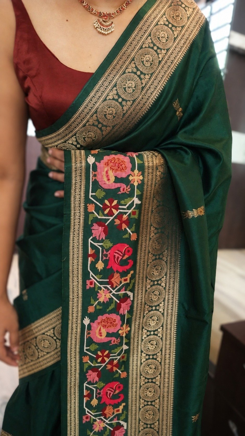 Pure Munga Silk Saree with Beautiful Patola Petit Point Embroidery 5 Green Pure Munga Silk Saree with Patola petit point embroidery — embroidery detail
