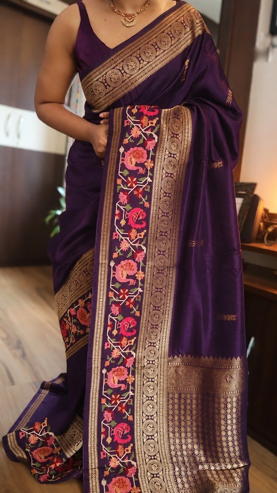 Pure Munga Silk Saree with Beautiful Patola Petit Point Embroidery 6 Purple Pure Munga Silk Saree with Patola petit point embroidery — drape and border view