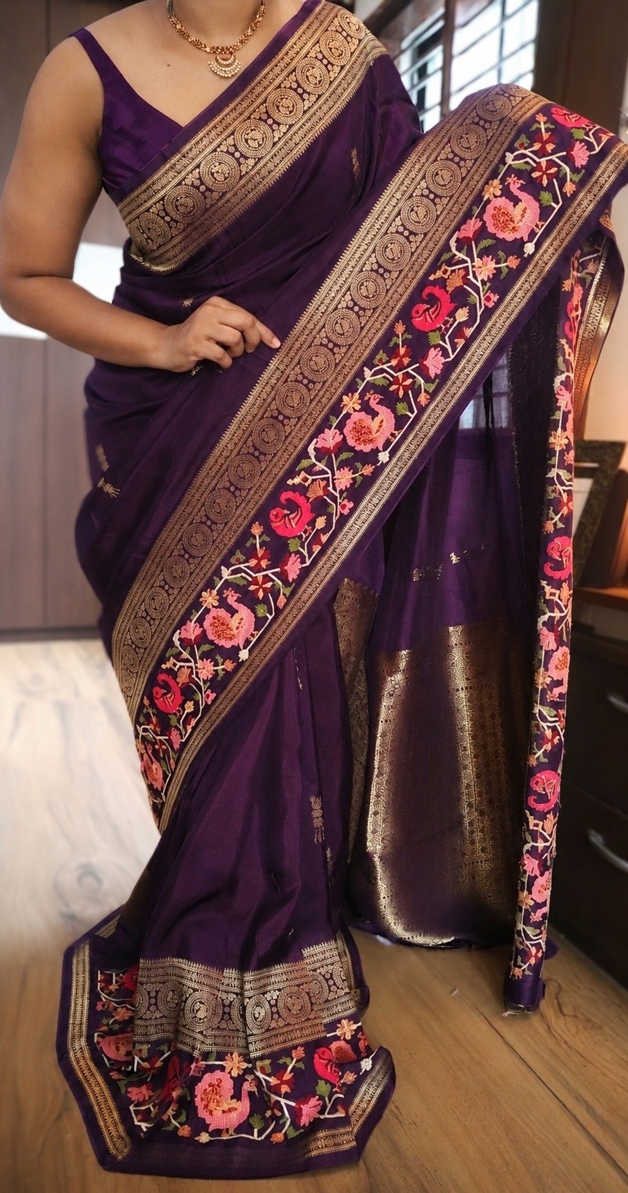 Pure Munga Silk Saree with Beautiful Patola Petit Point Embroidery 7 Purple Pure Munga Silk Saree with Patola petit point embroidery — drape and border view