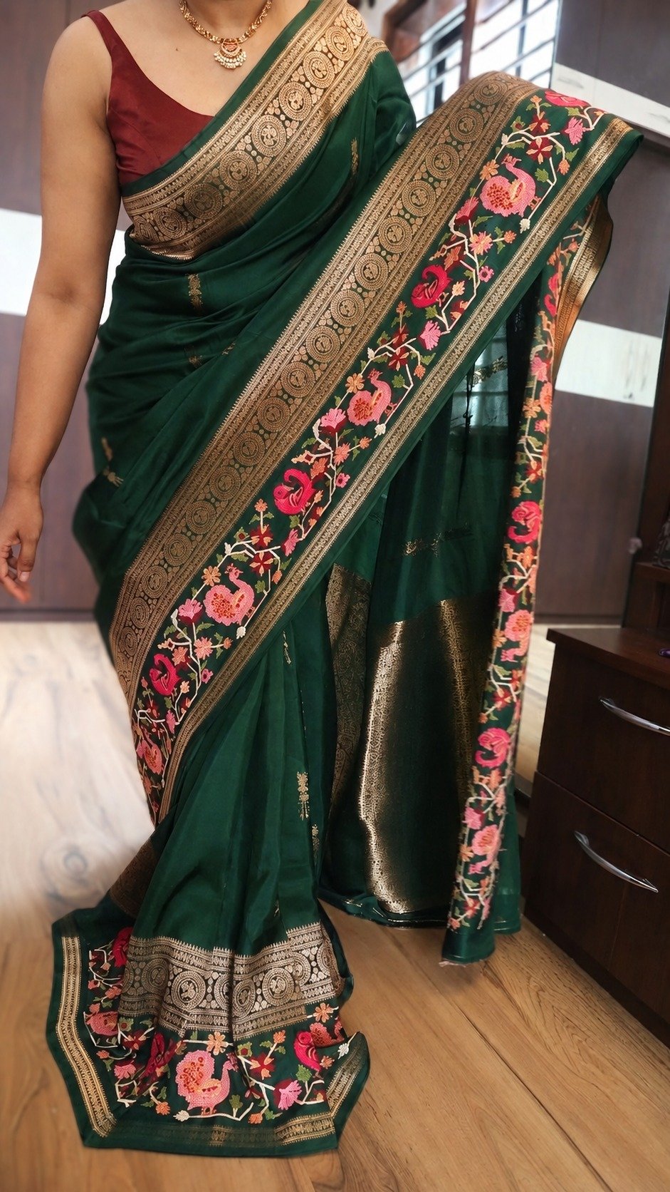 Pure Munga Silk Saree with Beautiful Patola Petit Point Embroidery 8 Green Pure Munga Silk Saree with Patola petit point embroidery — drape and border view