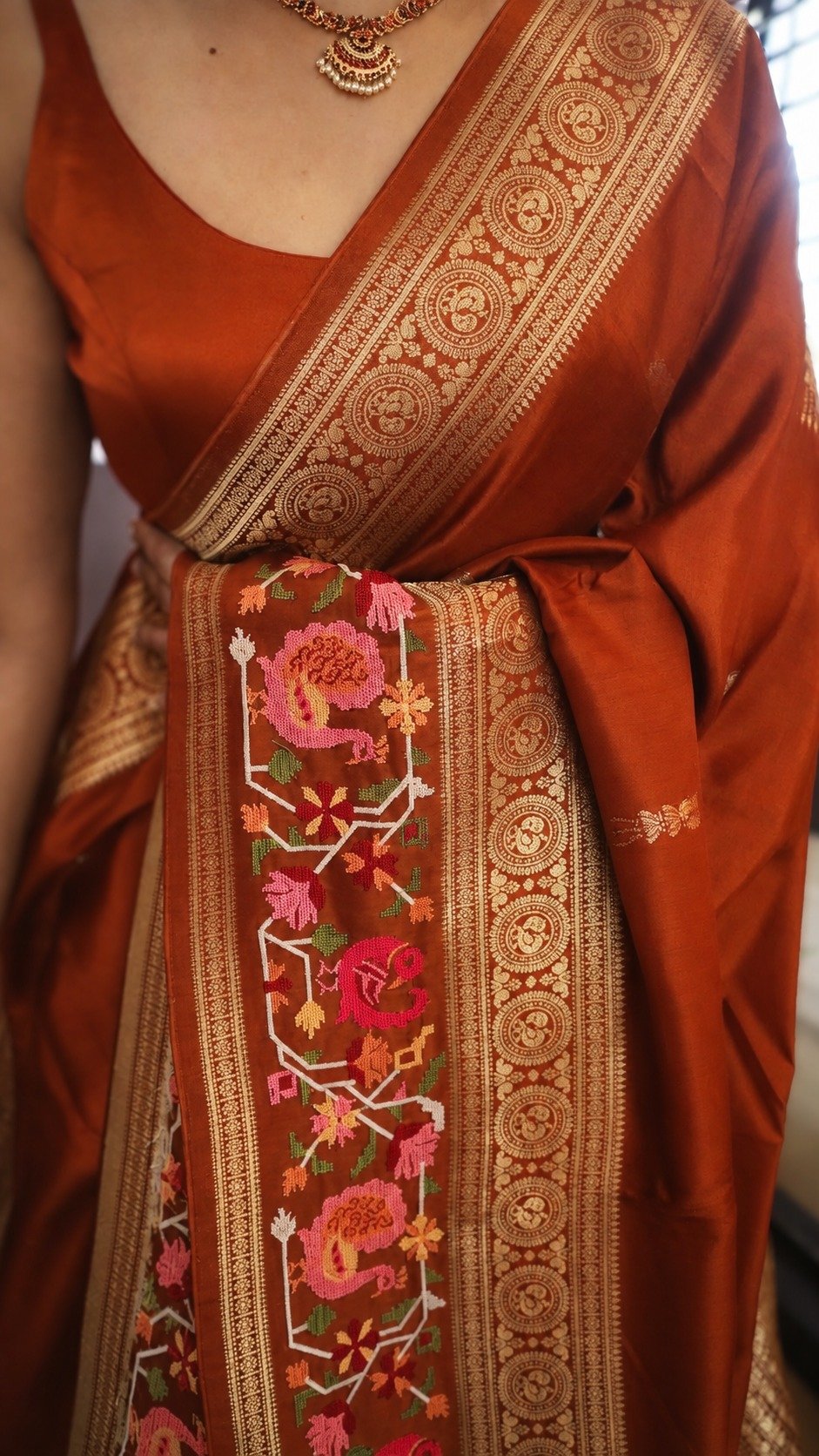 Pure Munga Silk Saree with Beautiful Patola Petit Point Embroidery 9 Rust Pure Munga Silk Saree with Patola petit point embroidery — embroidery detail