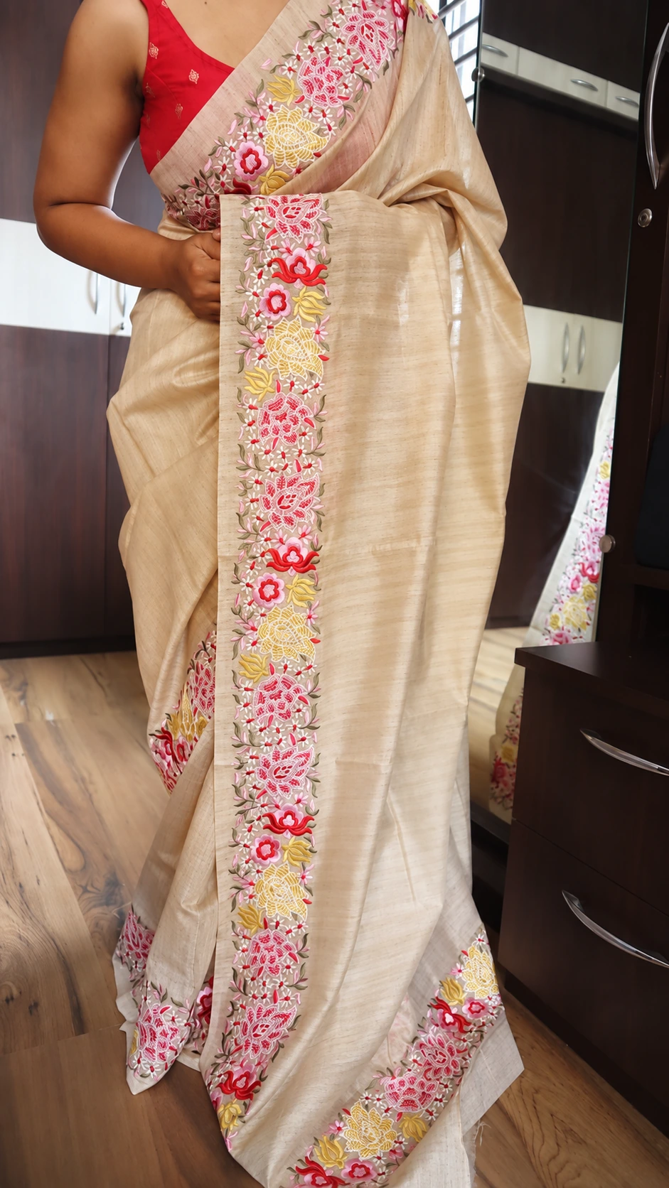 Pure Tussar Silk Saree with Petit Point Embroidery 2 Beige Tussar silk saree drape showing multicolour petit point embroidered border