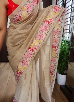 Pure Tussar Silk Saree with Petit Point Embroidery 7 Pure Tussar silk saree with colourful petit point floral embroidery and running blouse piece