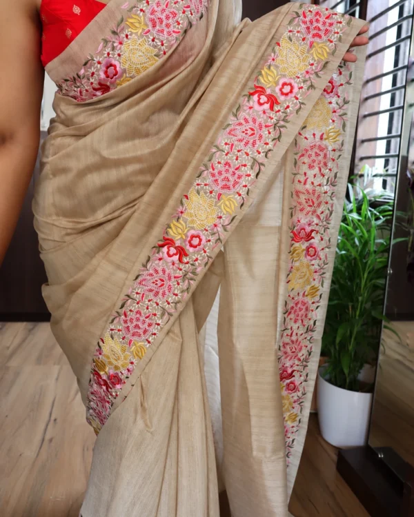 Pure Tussar silk saree with colourful petit point floral embroidery and running blouse piece