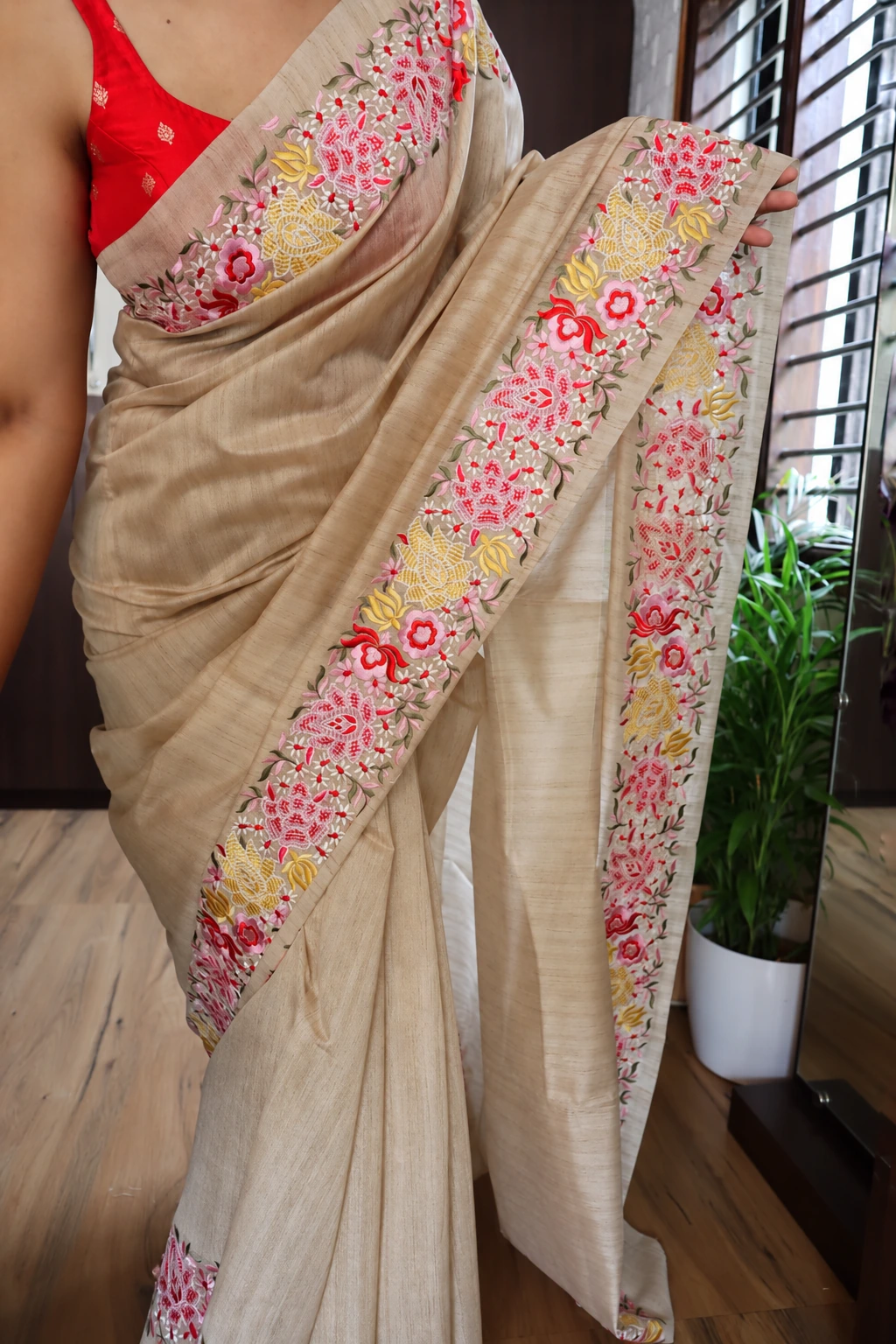 Pure Tussar Silk Saree with Petit Point Embroidery 1 Pure Tussar silk saree with colourful petit point floral embroidery and running blouse piece