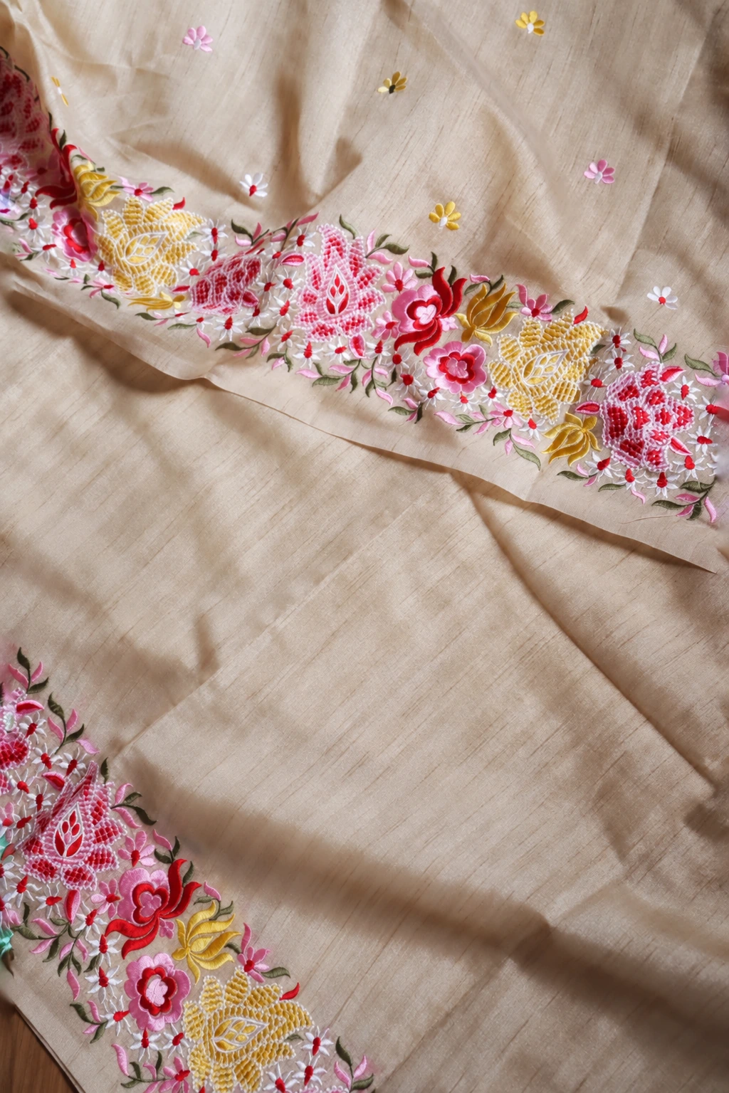 Pure Tussar Silk Saree with Petit Point Embroidery 3 Close-up of petit point floral embroidery and buttas on pure Tussar silk