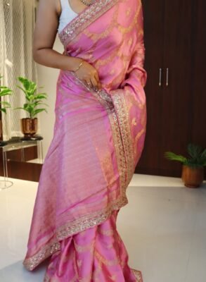 Floral Organza Silk Saree with Zircon Work & Cutwork Border