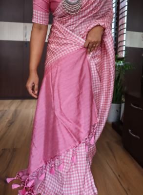 Pink Checks Tussar Silk Saree with Beautiful Stitched Blouse