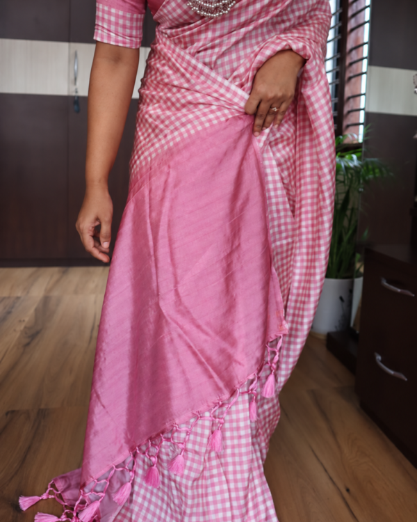 Pink Checks Tussar Silk Saree with Beautiful Stitched Blouse