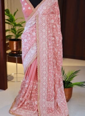 Pink Khaddi Georgette Silk Chikankari Saree 7 Pink Khaddi Georgette Silk Chikankari Saree full-length front