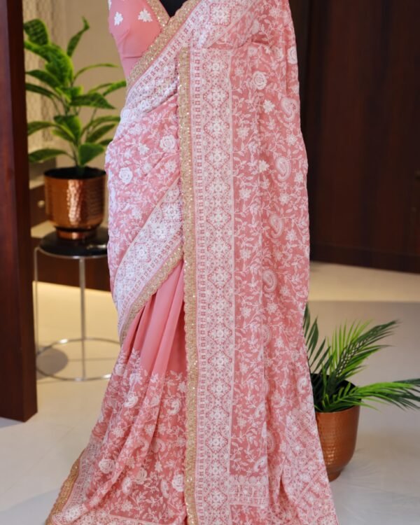 Pink Khaddi Georgette Silk Chikankari Saree full-length front