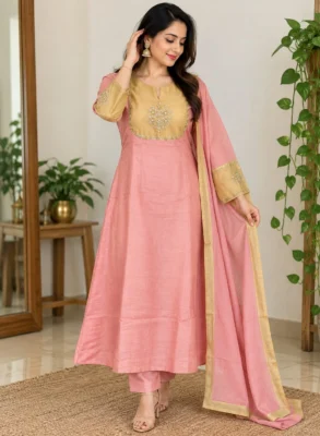 Pink Mul Chanderi Embroidered Suit Set 6 Pink Mul Chanderi embroidered suit set with golden yoke, lined kurta, pants and dupatta