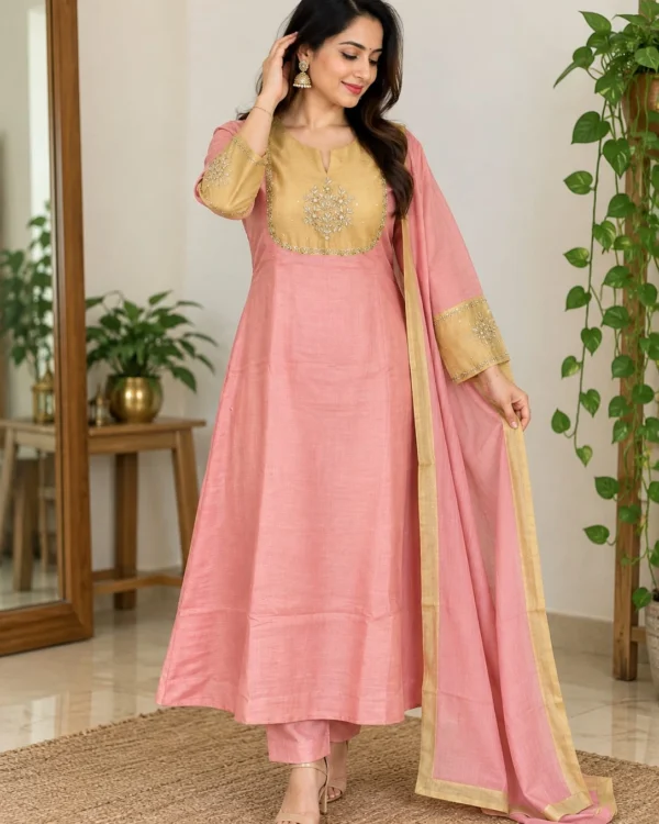 Pink Mul Chanderi embroidered suit set with golden yoke, lined kurta, pants and dupatta