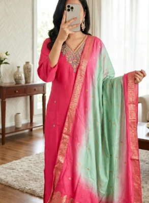 Pink Silk Suit Set with Contrast Jacquard Dupatta 4 Pink silk suit set with lined soft silk kurti, embroidered neckline and mint-green contrast jacquard dupatta