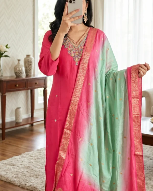 Pink silk suit set with lined soft silk kurti, embroidered neckline and mint-green contrast jacquard dupatta
