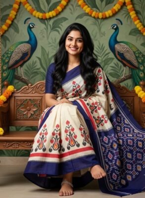 Pochampally Ikat Pure Silk Saree in Cream and Navy Blue
