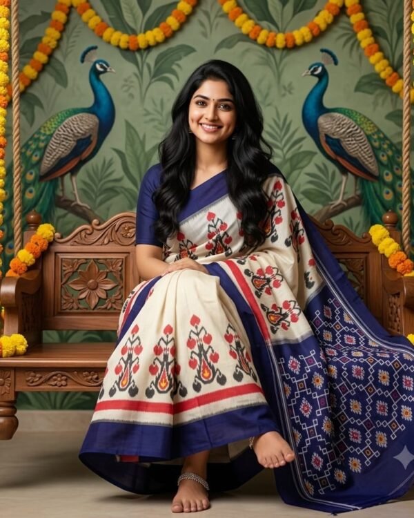 Pochampally Ikat Pure Silk Saree in Cream and Navy Blue