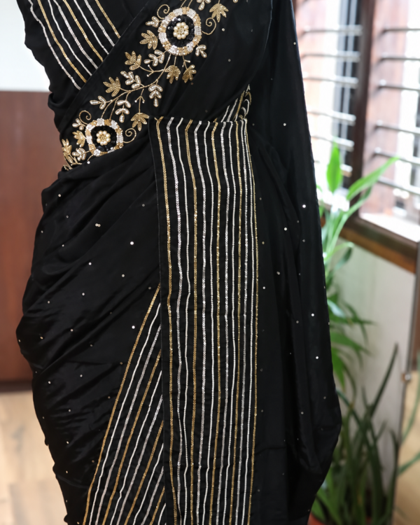 Pure Crepe Georgette Saree in black with floral cutdana pearl and sequin handwork