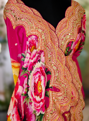 Pink pure crepe silk floral saree with scalloped handwork and sequins