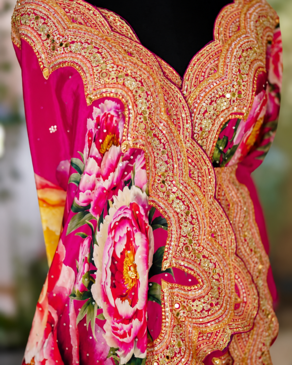 Pink pure crepe silk floral saree with scalloped handwork and sequins
