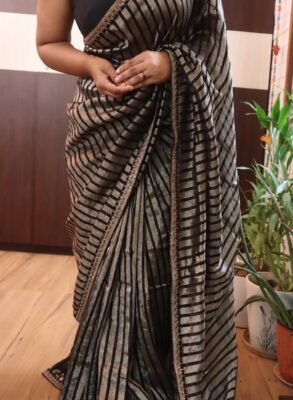 Pure Kora silk saree with gold and silver zari stripes – black full view