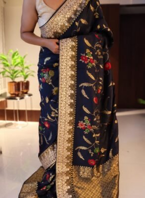 Pure Munga silk saree with Meenakari floral weaving and intricate Gotapatti work – full drape