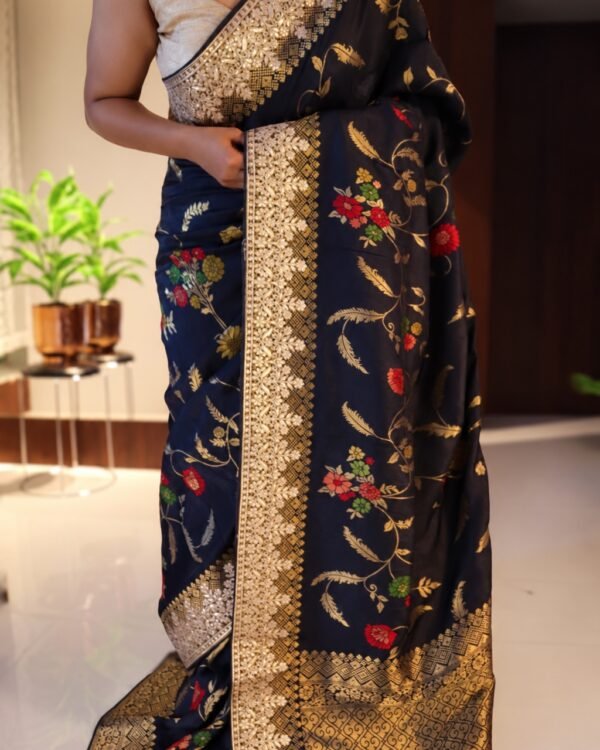 Pure Munga silk saree with Meenakari floral weaving and intricate Gotapatti work – full drape