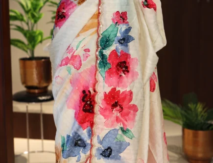 How to Choose Partywear Saree Fabric: 5 Helpful Buying Checks 2 Pure Tussar silk floral party wear saree – front view