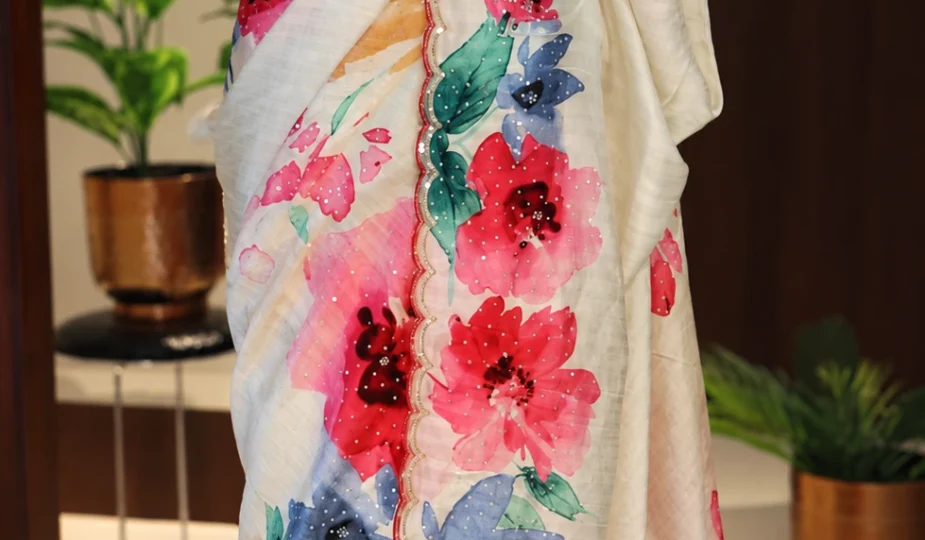 Pure Tussar silk floral party wear saree – front view