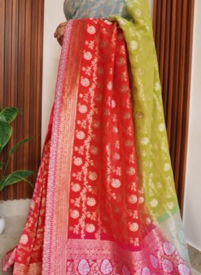 Khaddi georgette rangkat silk saree with scallop border – view 1