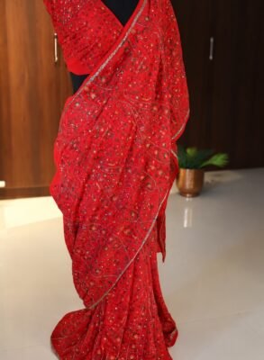 Red Pure Georgette Silk Chikankari Saree 8 Red Pure Georgette Silk Chikankari Saree full-length drape