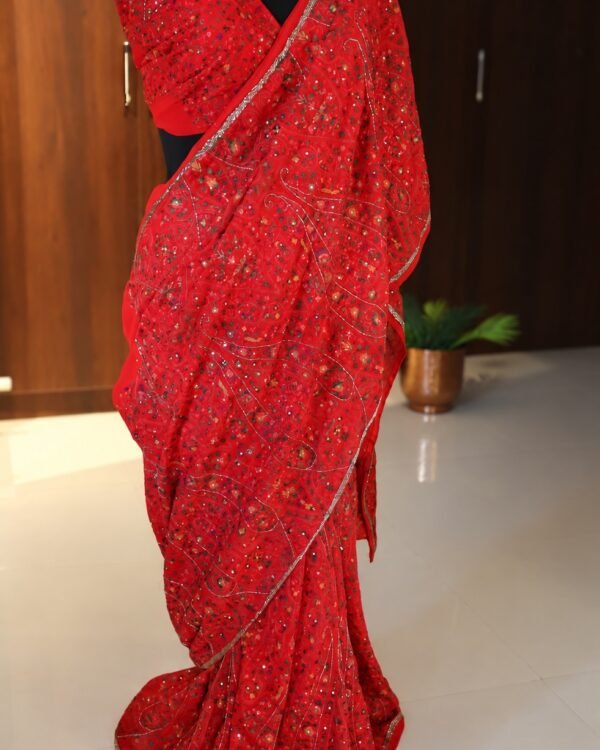 Red Pure Georgette Silk Chikankari Saree full-length drape